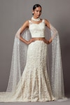 Buy_Mala and Kinnary_White Net Embroidered Pearl V-neck Mermaid Trail Lehenga With Corset _at_Aza_Fashions