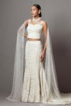 Buy_Mala and Kinnary_White Net Embroidered Pearl V-neck Mermaid Trail Lehenga With Corset _Online_at_Aza_Fashions