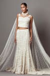 Shop_Mala and Kinnary_White Net Embroidered Pearl V-neck Mermaid Trail Lehenga With Corset _Online_at_Aza_Fashions