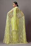 Shop_Mala and Kinnary_Yellow Georgette Embroidered Stripe Feather Embellished Cape Saree Set _at_Aza_Fashions