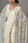 Shop_Mala and Kinnary_Ivory Georgette Embroidered Pearl Blouse Scallop Cape Saree Set _Online_at_Aza_Fashions