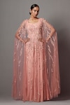 Buy_Mala and Kinnary_Pink Net Embroidered Sequin Gown V-neck Embellished With Cape _at_Aza_Fashions