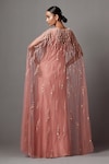 Shop_Mala and Kinnary_Pink Net Embroidered Sequin Gown V-neck Embellished With Cape _at_Aza_Fashions