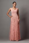 Mala and Kinnary_Pink Net Embroidered Sequin Gown V-neck Embellished With Cape _Online_at_Aza_Fashions