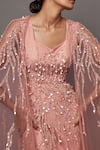 Buy_Mala and Kinnary_Pink Net Embroidered Sequin Gown V-neck Embellished With Cape _Online_at_Aza_Fashions