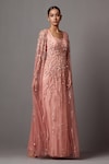 Shop_Mala and Kinnary_Pink Net Embroidered Sequin Gown V-neck Embellished With Cape _Online_at_Aza_Fashions