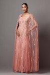 Mala and Kinnary_Pink Net Embroidered Sequin Gown V-neck Embellished With Cape _at_Aza_Fashions