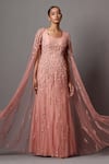 Buy_Mala and Kinnary_Pink Net Embroidered Sequin Gown V-neck Embellished With Cape 