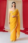 Buy_Ekaya_Yellow Georgette Flower Border Saree With Unstitched Blouse Piece  _at_Aza_Fashions