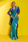 Buy_Ekaya_Blue Silk Handwoven Linear Pattern Saree With Unstitched Blouse Piece  _at_Aza_Fashions