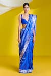 Buy_Ekaya_Blue Silk Handwoven Blossom Saree With Unstitched Blouse Piece  _at_Aza_Fashions