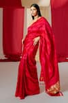 Shop_Ekaya_Red Silk Handwoven Flower Stripe Saree With Unstitched Blouse Piece  _at_Aza_Fashions