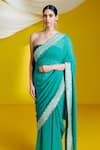 Ekaya_Green Georgette Scallop Border Saree With Unstitched Blouse Piece  _Online_at_Aza_Fashions