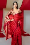 Ekaya_Red Silk Handwoven Floral Stripe Saree With Unstitched Blouse Piece _Online_at_Aza_Fashions