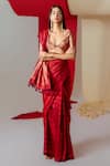 Shop_Ekaya_Red Silk Handwoven Floral Stripe Saree With Unstitched Blouse Piece _at_Aza_Fashions