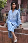 NUHH_Blue Velvet Embroidery Gardenia Stand Collar Aari Kurta With Pant _at_Aza_Fashions
