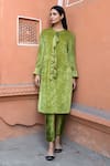 Buy_NUHH_Green Velvet Plain Round Collar Satin Tie-up Kurta With Pant _at_Aza_Fashions