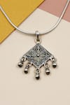 Buy_Sangeeta Boochra_Silver Plated Ghungroo Diamond Carved Oxidized Pendant Chain Necklace _at_Aza_Fashions