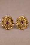 Shop_Smars Jewelry_Gold Plated Crystals Oval Shaped Floral Carved Stud Earrings_at_Aza_Fashions