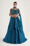 Buy_Chaashni by Maansi and Ketan_Blue Glass Organza Solid Draped Lehenga Set With Leaf Embellished Blouse_at_Aza_Fashions