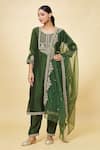 Buy_Samyukta Singhania_Green Kurta And Pant Silk Blend Embroidered Floral Round Yoke Straight Set _at_Aza_Fashions