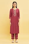 Samyukta Singhania_Maroon Kurta And Pant Cotton Blend Embroidered Floral Round Placket Set _Online_at_Aza_Fashions