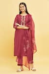 Buy_Samyukta Singhania_Maroon Kurta And Pant Cotton Blend Embroidered Floral Round Placket Set _Online_at_Aza_Fashions