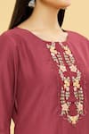 Shop_Samyukta Singhania_Maroon Kurta And Pant Cotton Blend Embroidered Floral Round Placket Set _Online_at_Aza_Fashions