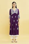 Khwaab by Sanjana Lakhani_Purple Viscose Rayon Embroidery Floral V Neck Bloom Anarkali _Online_at_Aza_Fashions