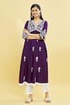 Shop_Khwaab by Sanjana Lakhani_Purple Viscose Rayon Embroidery Floral V Neck Bloom Anarkali _Online_at_Aza_Fashions