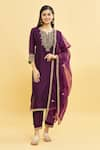 Buy_Samyukta Singhania_Purple Kurta And Pant Silk Blend Embroidery Zari Notched Neck Yoke Set _at_Aza_Fashions