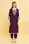 Samyukta Singhania_Purple Kurta And Pant Silk Blend Embroidery Zari Notched Neck Yoke Set _Online_at_Aza_Fashions