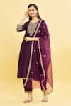 Buy_Samyukta Singhania_Purple Kurta And Pant Silk Blend Embroidery Zari Notched Neck Yoke Set _Online_at_Aza_Fashions