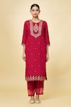 Adara Khan_Maroon Kurta And Pant Poly Silk Embroidered Floral Round Flower Set_Online_at_Aza_Fashions