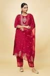 Shop_Adara Khan_Maroon Kurta And Pant Poly Silk Embroidered Floral Round Flower Set_Online_at_Aza_Fashions