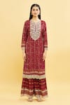 Samyukta Singhania_Maroon Kurta And Sharara Viscose Rayon Print Abstract Embroidered Yoke Set _Online_at_Aza_Fashions