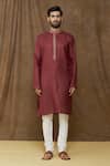 Samyukta Singhania_Wine Linen Cotton Plain Embroidered Placket Dark Kurta _Online_at_Aza_Fashions