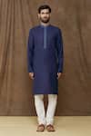 Buy_Samyukta Singhania_Blue Kurta: Linen Cotton Plain Floral Thread Work Placket Set For Men_Online_at_Aza_Fashions