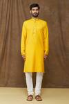 Samyukta Singhania_Yellow Kurta: Linen Cotton Plain Bright Straight Set For Men_Online_at_Aza_Fashions