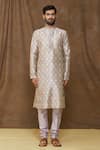 Samyukta Singhania_Cream Kurta: Jacquard Banarasi Silk Geometric Pattern Set For Men_Online_at_Aza_Fashions