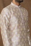 Shop_Samyukta Singhania_Cream Kurta: Jacquard Banarasi Silk Geometric Pattern Set For Men_Online_at_Aza_Fashions