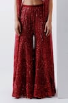 Istya_Red Net Embroidery Sequins Blouse Scoop Neck Jacket Pant Set _Online_at_Aza_Fashions