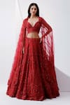 Buy_Istya_Red Net Embroidery Cutdana Sweetheart Neck Tonal Sequin Bridal Lehenga Set _at_Aza_Fashions