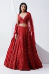 Shop_Istya_Red Net Embroidery Cutdana Sweetheart Neck Tonal Sequin Bridal Lehenga Set _at_Aza_Fashions