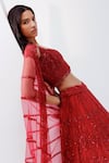 Buy_Istya_Red Net Embroidery Cutdana Sweetheart Neck Tonal Sequin Bridal Lehenga Set _Online_at_Aza_Fashions