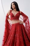 Shop_Istya_Red Net Embroidery Cutdana Sweetheart Neck Tonal Sequin Bridal Lehenga Set _Online_at_Aza_Fashions