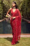 Buy_Istya_Red Net Embroidery Sequins V Neck Floral Blossom Saree With Blouse _at_Aza_Fashions