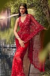 Shop_Istya_Red Net Embroidery Sequins V Neck Floral Blossom Saree With Blouse _at_Aza_Fashions