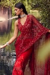 Istya_Red Net Embroidery Sequins V Neck Floral Blossom Saree With Blouse _Online_at_Aza_Fashions