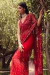 Buy_Istya_Red Net Embroidery Sequins V Neck Floral Blossom Saree With Blouse _Online_at_Aza_Fashions